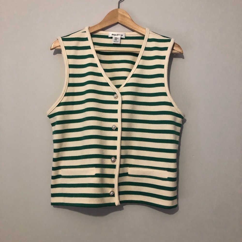 Bailey 44 Green And Cream Striped Pearl Accent Button Down Vest Women’s XL
